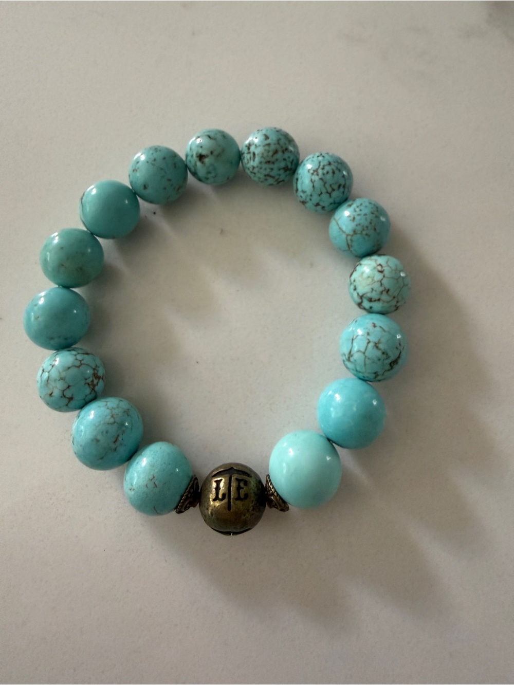 Turquoise Beaded Stretch Bracelet with Antiqued Accent Bead